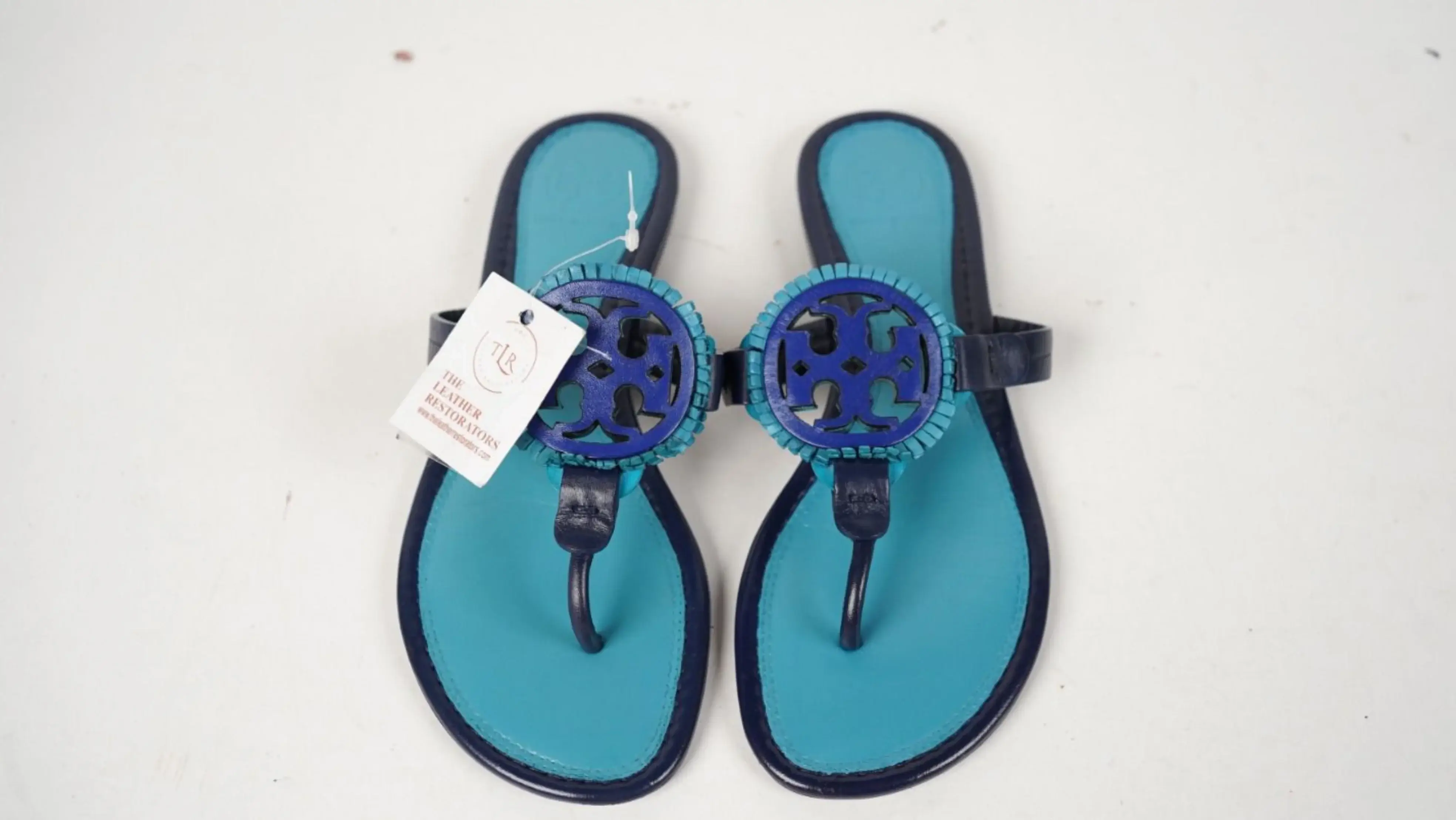 Before Tory Burch slipper restoration scuffed leather and faded colour