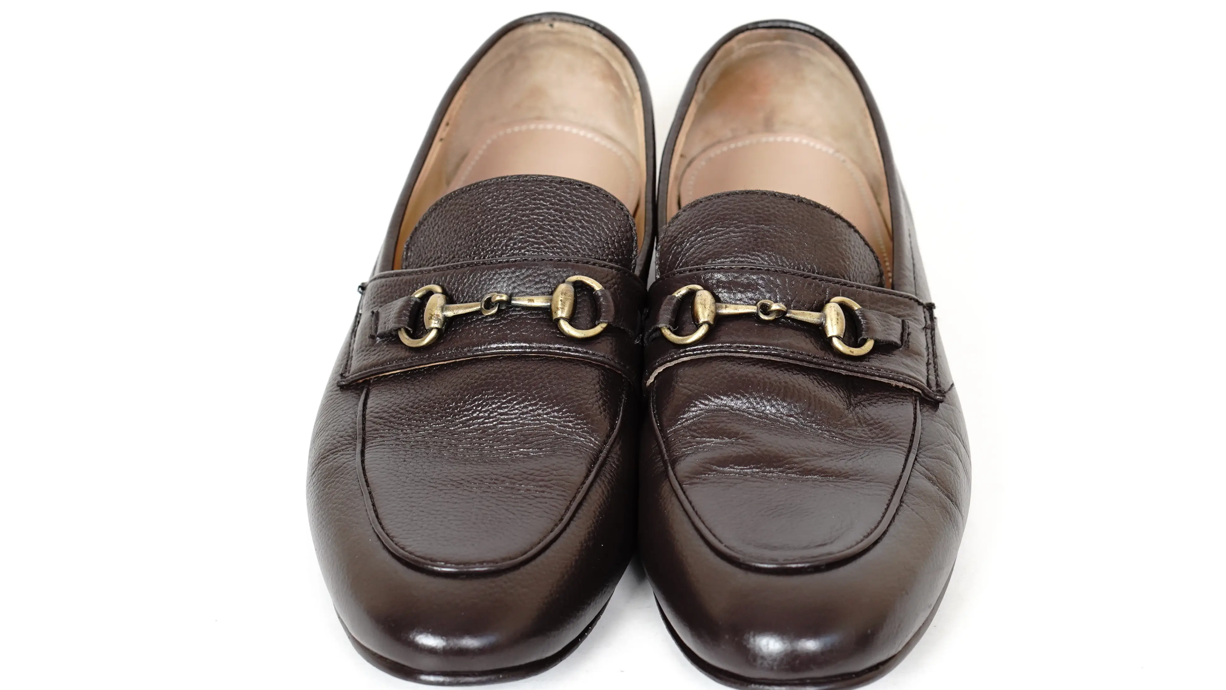 Before Gucci moccasins restoration faded leather and loss of pigment depth