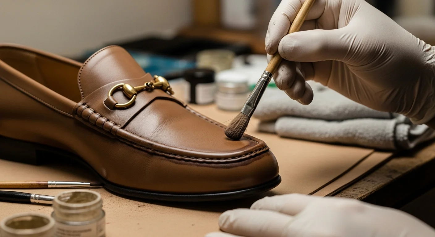 Artisan restoring designer leather shoes at The Leather Restorators atelier in Delhi