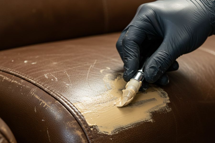 Crack filling on a luxury leather sofa