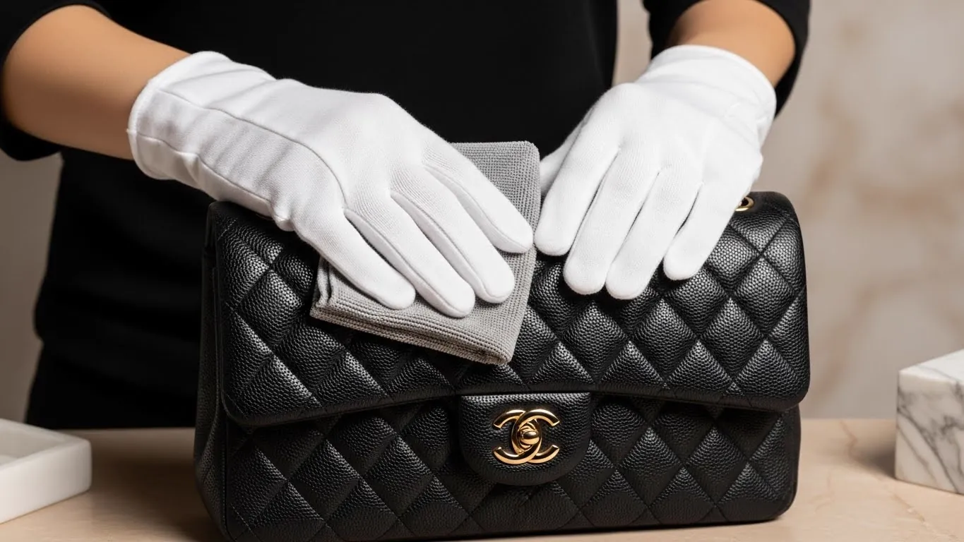 Restoration artisan examining a Chanel Classic Flap bag