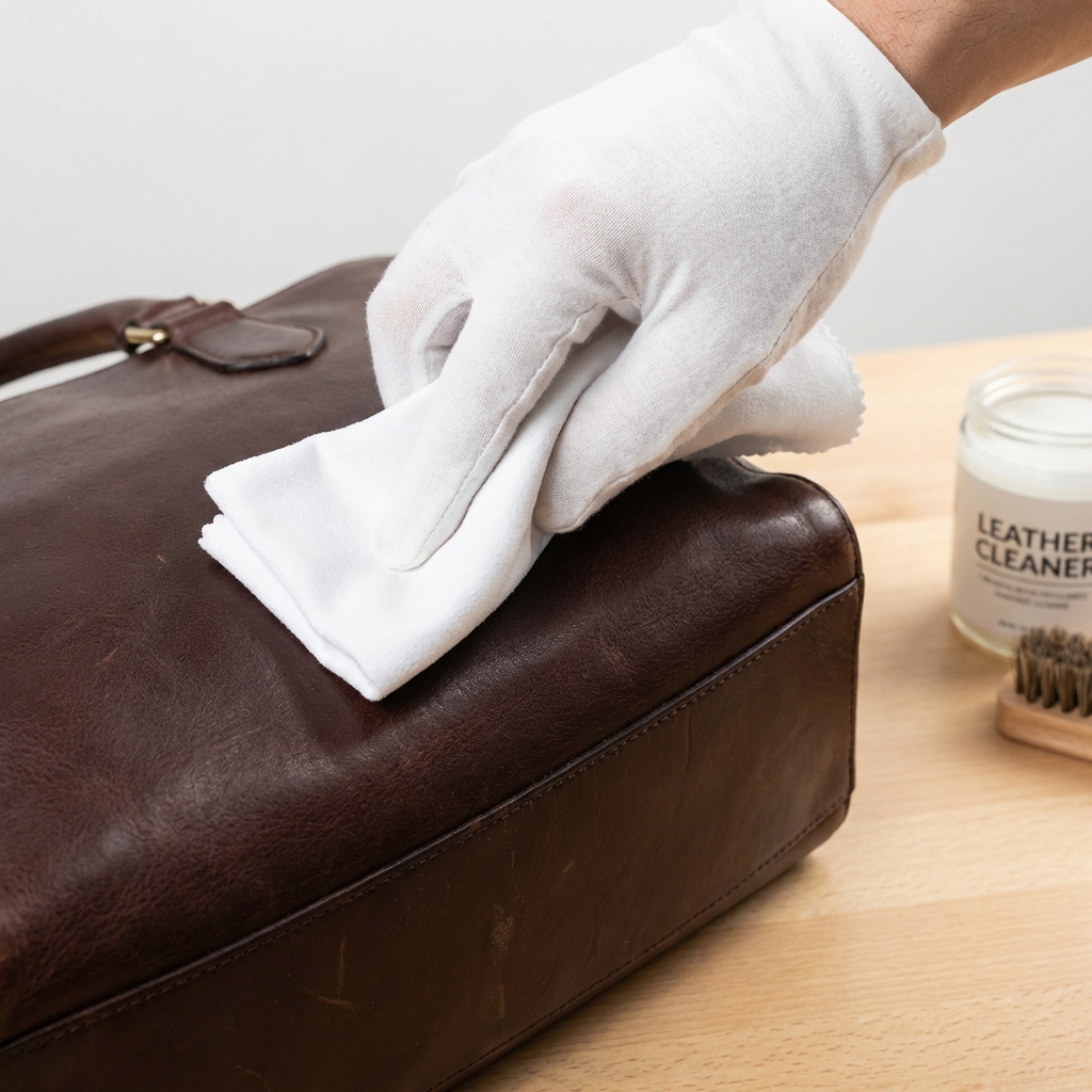 Professional technician applying dye blocker to a leather bag