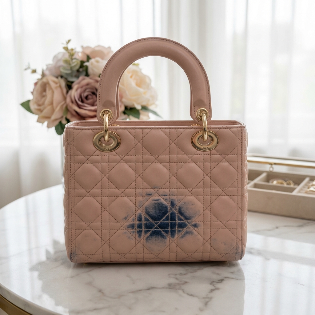 Lady Dior bag showing signs of denim color transfer on the rear panel