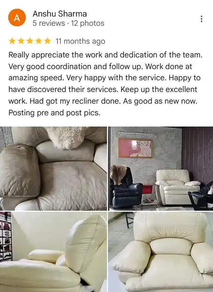 5-star customer review for luxury leather sofa restoration in Delhi NCR